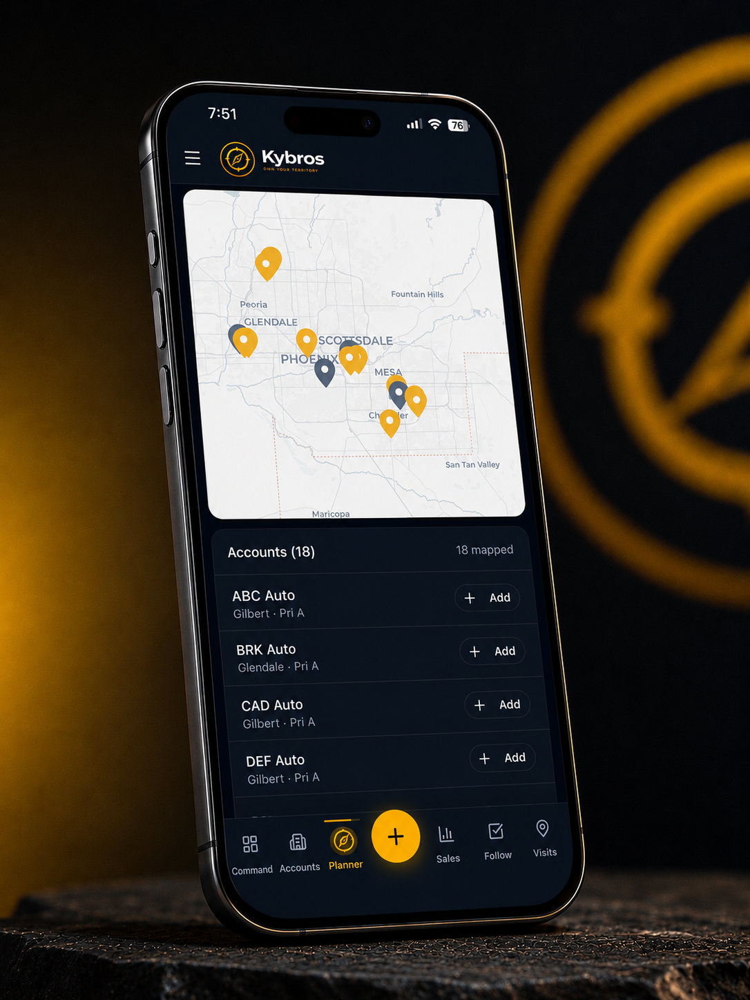 Kybros route planner showing mapped accounts across the territory with an account list for the day.